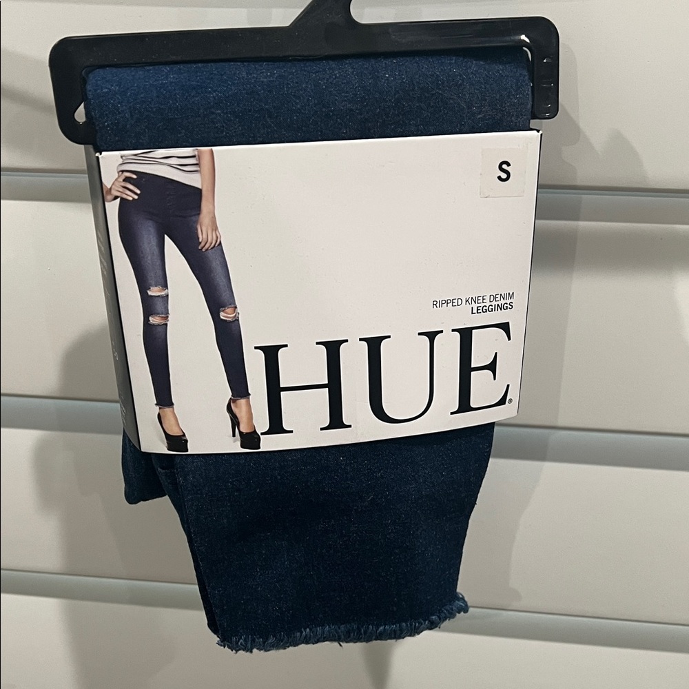 HUE Women's Dark Blue Ripped Knee Jeggings